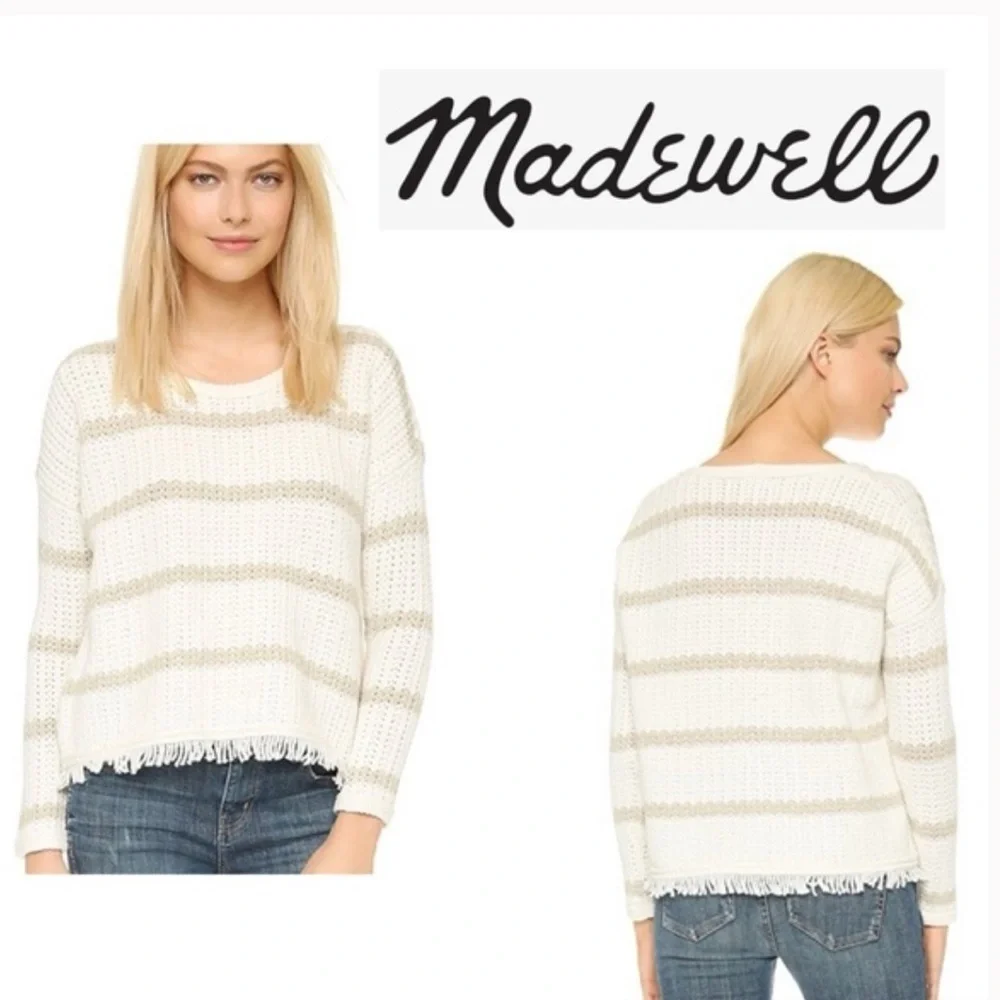 Madewell Ester Fringe Stripe Sweater Cream Size Large Marino Wool Blend